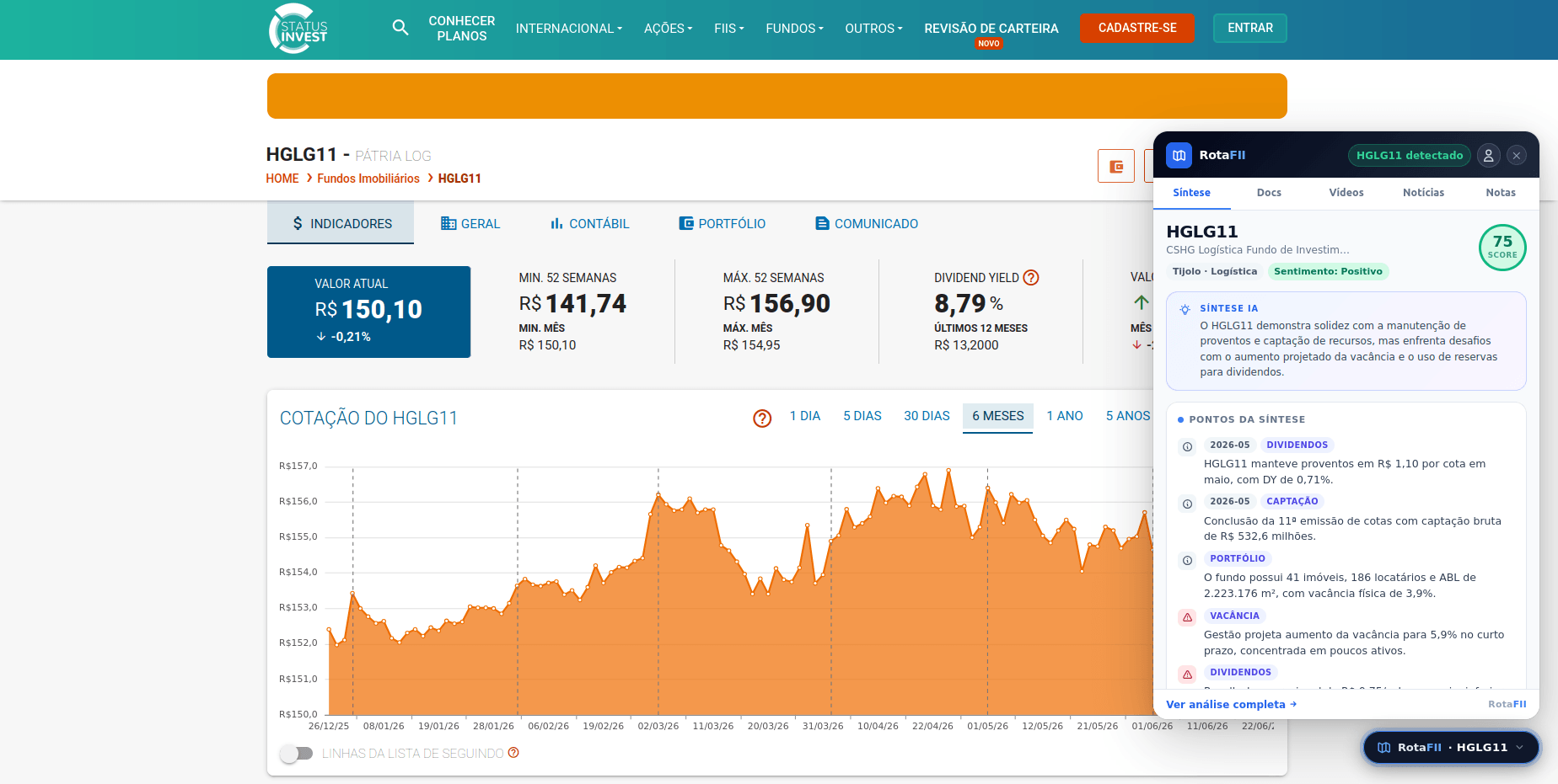 Plugin Midas Investe exibindo a síntese por IA do HGLG11 sobre o StatusInvest